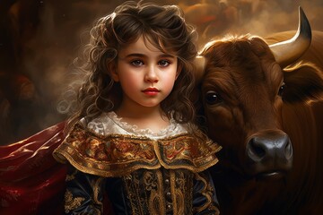Audacious Bullfighter child bull. Culture spain. Generate Ai