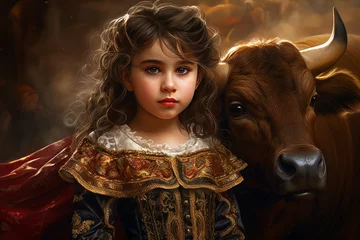 Poster Audacious Bullfighter child bull. Culture spain. Generate Ai © juliars