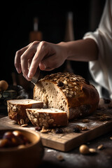 fancy bread. A close up magazine quality image of bread being sliced by a woman