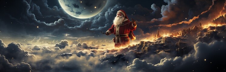  man with a white beard, Santa Claus flies across the sky in a sleigh and with reindeer. Festive character symbol of Christmas and New Year. Good-natured active old man.	
