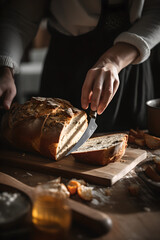 fancy bread. A close up magazine quality image of bread being sliced by a woman