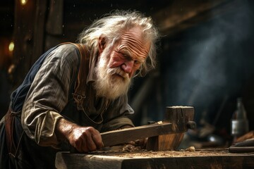 Weathered Carpenter old man sawmill. Wood furniture. Generate Ai