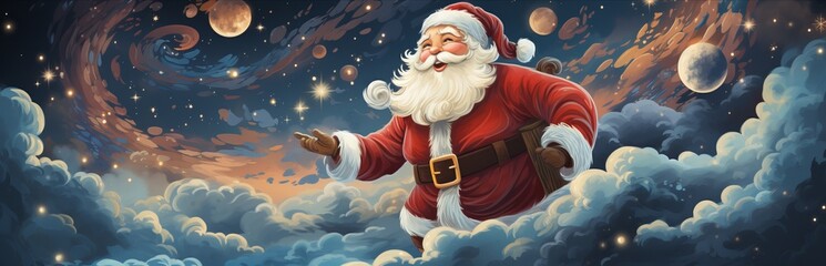 man with a white beard, Santa Claus flies across the sky in a sleigh and with reindeer. Festive character symbol of Christmas and New Year. Good-natured active old man.	
 - obrazy, fototapety, plakaty