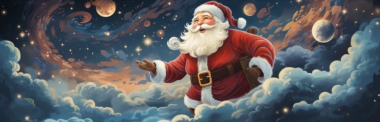 Fotobehang  man with a white beard, Santa Claus flies across the sky in a sleigh and with reindeer. Festive character symbol of Christmas and New Year. Good-natured active old man.   © Marynkka_muis