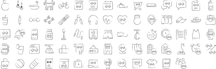 Gym exercise hand drawn icons set, including icons such as Dumbbell, Cloth, Calendar, Bicycle, Analytics, and more. pencil sketch vector icon collection