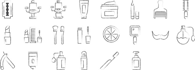 Hair salon and spa hand drawn icons set, including icons such as Razor, Tweezers, Soap, Moustache, Mirror, and more. pencil sketch vector icon collection