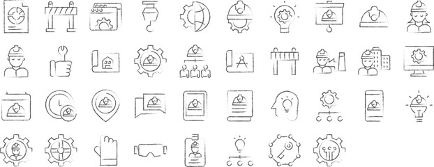 Fototapeta na wymiar Construction engineering hand drawn icons set, including icons such as Factory, Construction Engineer, Man, Place, Woman, Work, and more. pencil sketch vector icon collection