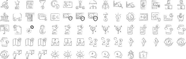 Banking and Financial Investment hand drawn icons set, including icons such as Dollar, Search, Euro, Clock, Innovative, and more. pencil sketch vector icon collection