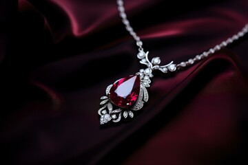A beautiful ruby and diamond necklace presented on red silk