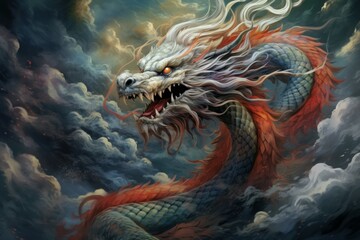Fototapeta na wymiar Powerful Chinese mythical dragon. Asian eastern creature. Generate Ai