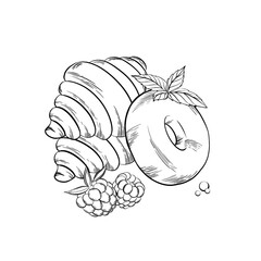 Classical croissants with donut, berries and mint leaves. Vector illustration. Grapgic style. hand drawn in a simple minimalist style. 