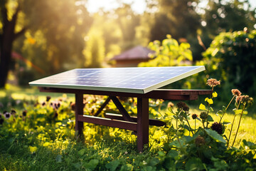 Naklejka premium Green energy concept with outdoor solar panels and industrial roof equipped with tone solar cells