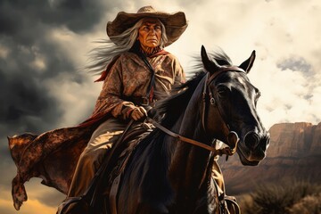 Rough Cowboy banner portrait. Rodeo bandit. Fictional person. Generate Ai
