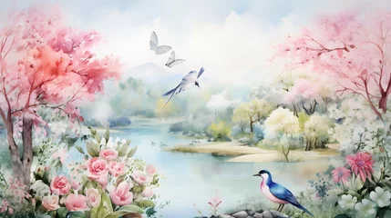Deurstickers wallpaper watercolor painting of forest landscape with lake, plants, trees, roses, birds, peacocks, butterflies and insects. Generative AI © PSCL RDL