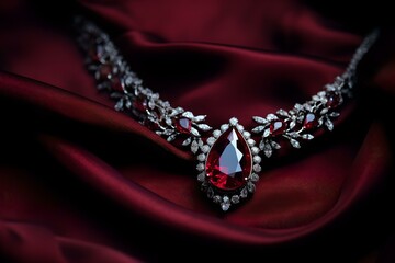 A beautiful ruby and diamond necklace presented on red silk