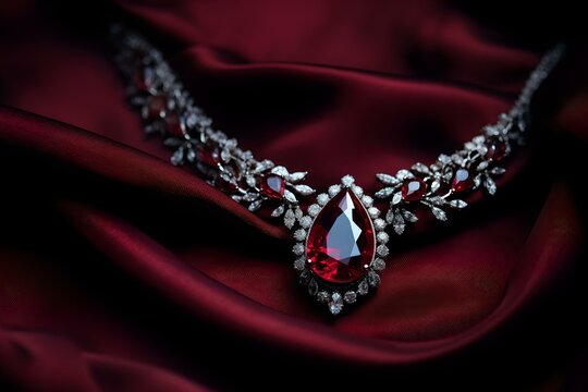 A beautiful ruby and diamond necklace presented on red silk
