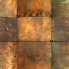 Seamless oxidized steel patina sheet metal wall panel grunge background texture. Vintage antique weathered and worn rusted bronze or brass abstract pattern. Generative AI