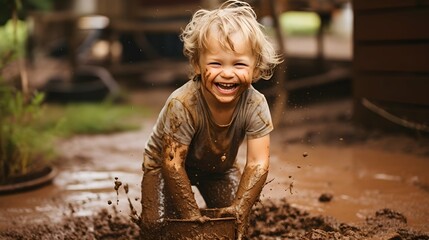 smiling happiness kid playing with mud dirt outdoor backyard garden. Generative AI - obrazy, fototapety, plakaty