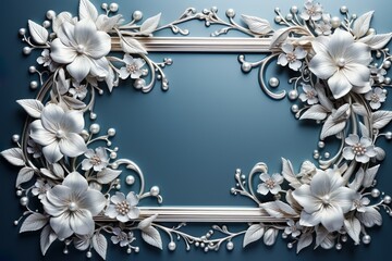 Gorgeous picture frame decorated with silver accessories on a blue background