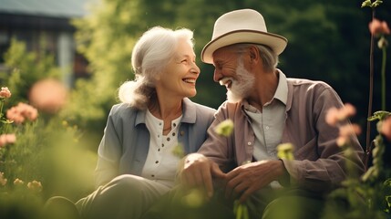 lovely sweet old age retred marry pension couple travel relax casual moment in garden park natural outdoor park scenery peaceful moment together healthy lifestyle. Generative AI - obrazy, fototapety, plakaty