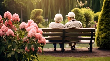 lovely sweet old age retred marry pension couple travel relax casual moment in garden park natural outdoor park scenery peaceful moment together healthy lifestyle. Generative AI