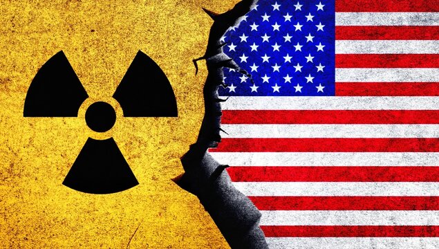 USA flag and Nuclear sign on wall with cracked. United States of America Nuclear deal, negotiation, threat, relations concept
