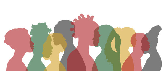Silhouettes of dark-skinned people. Vector illustration with silhouettes of African and African-American men and women standing side by side together. - obrazy, fototapety, plakaty