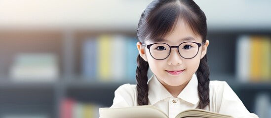 Young Asian girl using a tablet for studying.