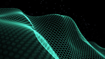 Motion hexagon wave background. The futuristic modern backdrop. Abstract digital texture of network connection. Big data visualization. 3D rendering.