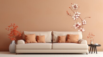 A cozy fabric sofa in front of a light beige solid color pattern wall.