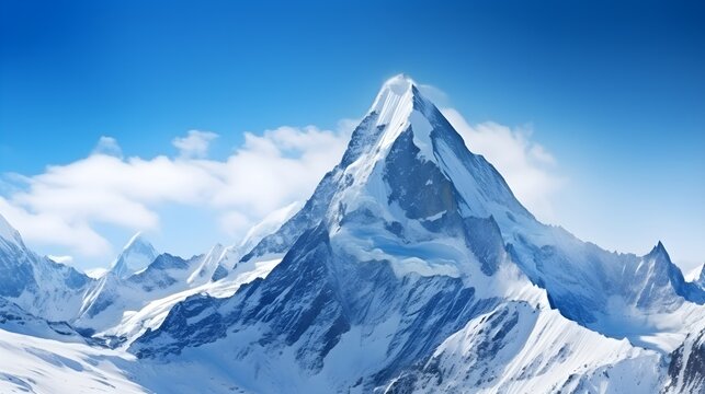 beautiful snow mountain panoramic mountain peak with clear blue nice cloud sky background. Generative AI