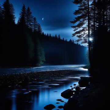 Forest with streaming River at Night