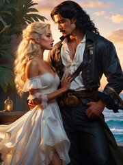 A gorgeous blonde adores a pirate.