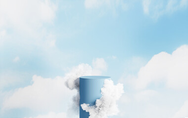 3D display podium blue background. White cloud with pedestal in the sky for beauty, cosmetic product presentation. 3d render, dreamy mockup. Natural, realistic cloudscape. Heaven concept