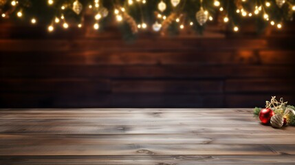 Empty wooden table with christmas theme in background, copy space. Generative AI