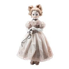 A Porcelain Doll Dressed in Victorian Attire Isolated to Highlight Its Delicate Features and Period Costume.. Cutout PNG.