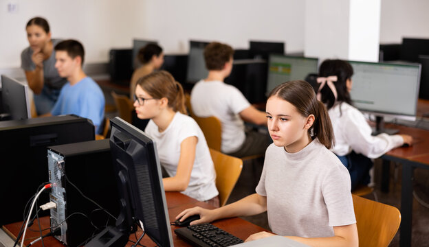 Teenager girl using computer during computer sciene lesson in school.