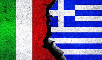 Italy and Greece flags on a wall with crack. Greece Italy relations.