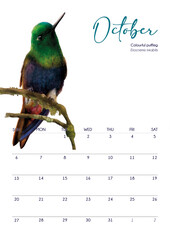 calendario 2024 Octubre hummingbird - obrazy, fototapety, plakaty
