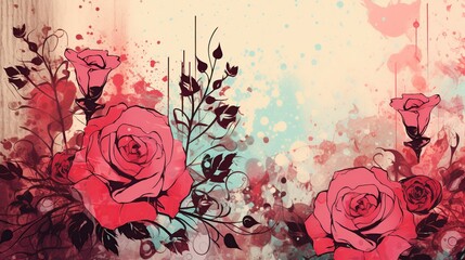 Rose flowers grunge with watercolor style for background and invitation wedding card, AI generated