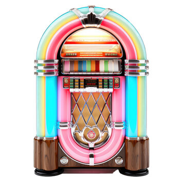 A Colorful Retro Diner. Style Jukebox Isolated to Evoke the Vibrant Music Culture of the 1950s and 60s.. Cutout PNG.