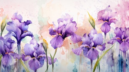 Iris flowers grunge with watercolor style for background and invitation wedding card, AI generated - obrazy, fototapety, plakaty