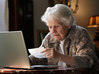 Grandmother with computer, watching daily expenses. Concerned.