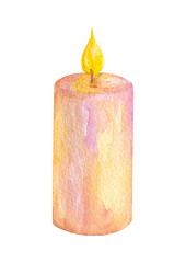 Wax candle. Hand drawn watercolor illustration. Delicate romantic element of decor. Cozy glowing burning candle wick.  