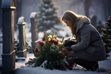 Mourning young woman laying flowers on grave in cemetery on snowy winter day. Mourn, grief and respect respect for dead person - Powered by Adobe