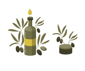 Bottle of olive oil and natural cream with branches with fresh lives and olives. Flat vector illustration