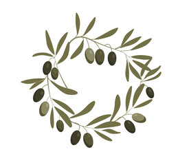 Green olive round wreath of branch with fresh lives and olives. Vector illustration - obrazy, fototapety, plakaty