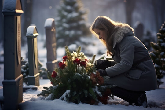 Mourning young woman laying flowers on grave in cemetery on snowy winter day. Mourn, grief and respect respect for dead person