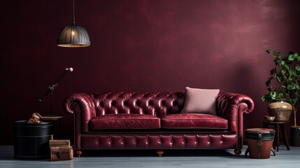 A leather Chesterfield sofa against a deep maroon solid color pattern wall.