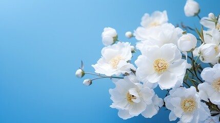 Elegant bouquet of white peonies flowers on blue background